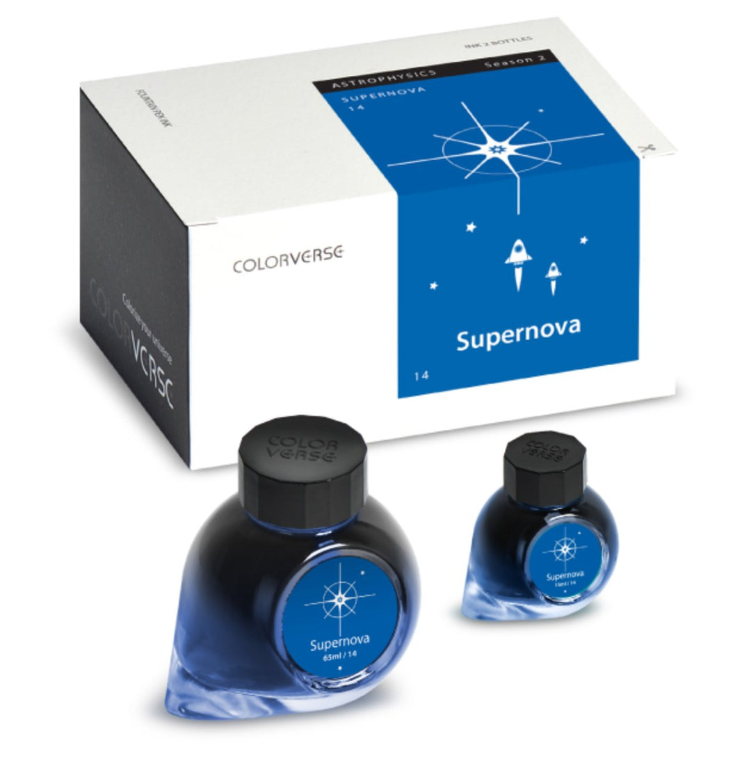Supernova - 65ml + 15ml Set, includes two deep blue ink bottles, brochure, pen rest, stickers, bookmark, and napkin, from Colorverse&