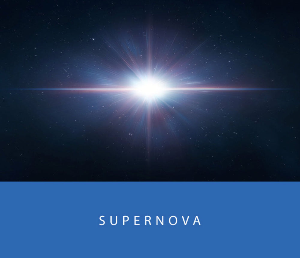 Supernova - 65ml + 15ml Set features a stylized supernova explosion with SUPERNOVA text, showcasing Colorverse's plant-based ink collection from Korea.