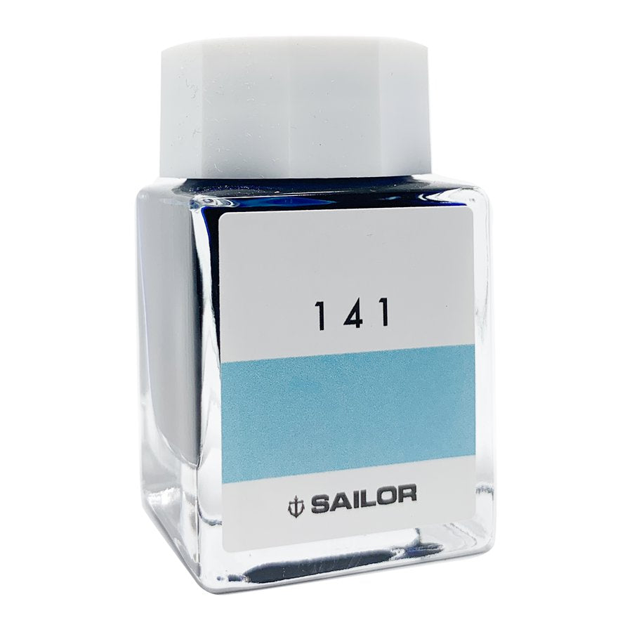 Ink Studio #141 - 20ml: Square glass bottle of Sailor fountain-pen ink, labeled 141, featuring a light-blue swatch indicating pale blue/turquoise ink.