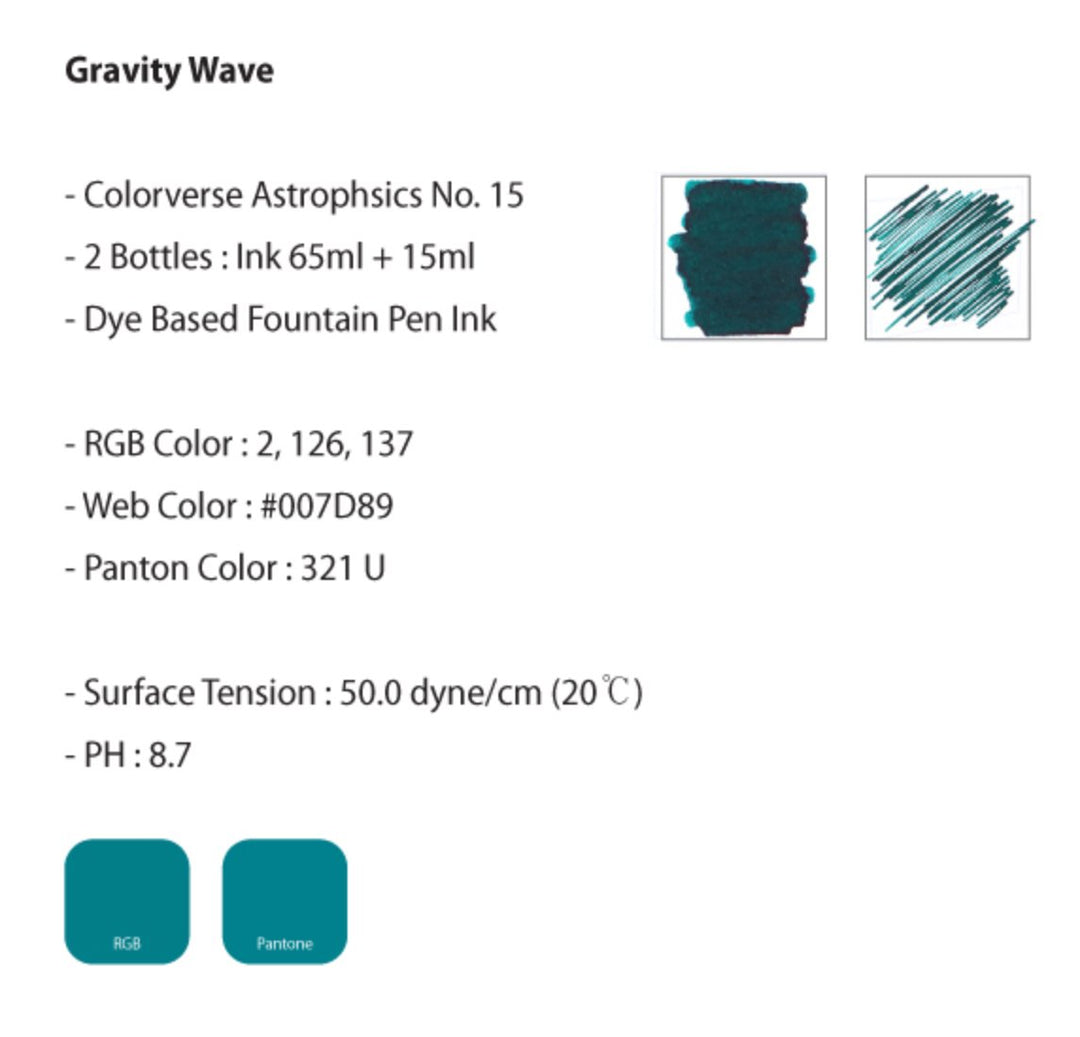 Gravity Wave - 2ml dye-based fountain-pen ink, Colorverse Astrophysics No. 15, includes two bottles and ink swatches, showcasing quality and smooth writing experience.