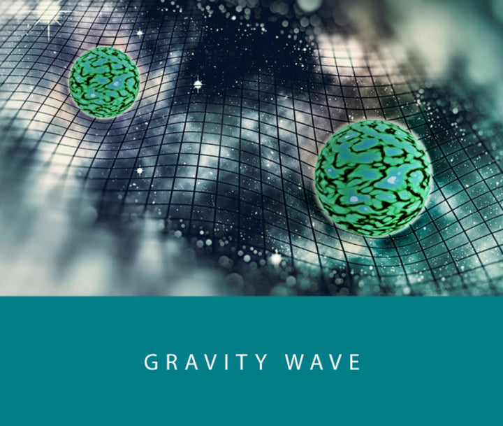 Gravity Wave - 2ml ink sample with stylized gravitational waves illustration, featuring green spheres on a warped grid, representing spacetime distortion. Part of Colorverse's Astrophysics Collection.