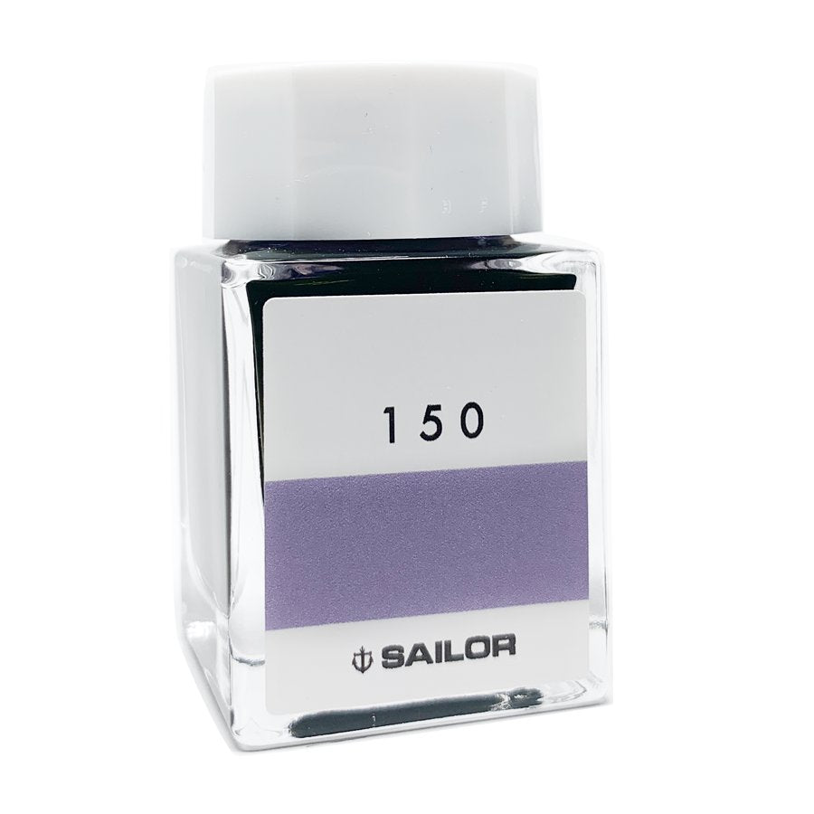 Square glass bottle of Sailor Ink Studio #150 - 20ml, featuring a white cap, purple swatch label, and Sailor logo. Compact, dye-based fountain-pen ink.