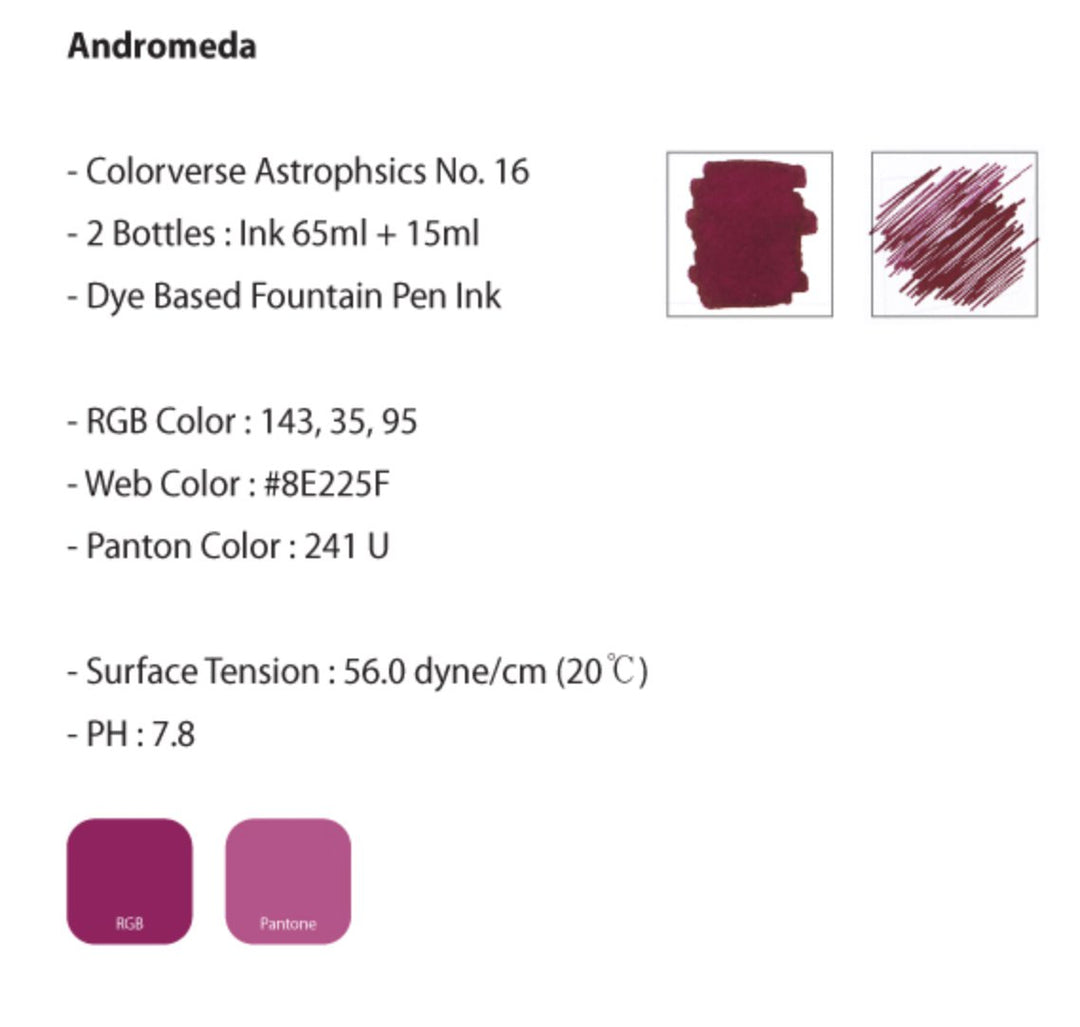 Andromeda - 65ml + 15ml Set includes two bottles of deep magenta/purple dye-based ink, shown with color samples, ideal for smooth writing.