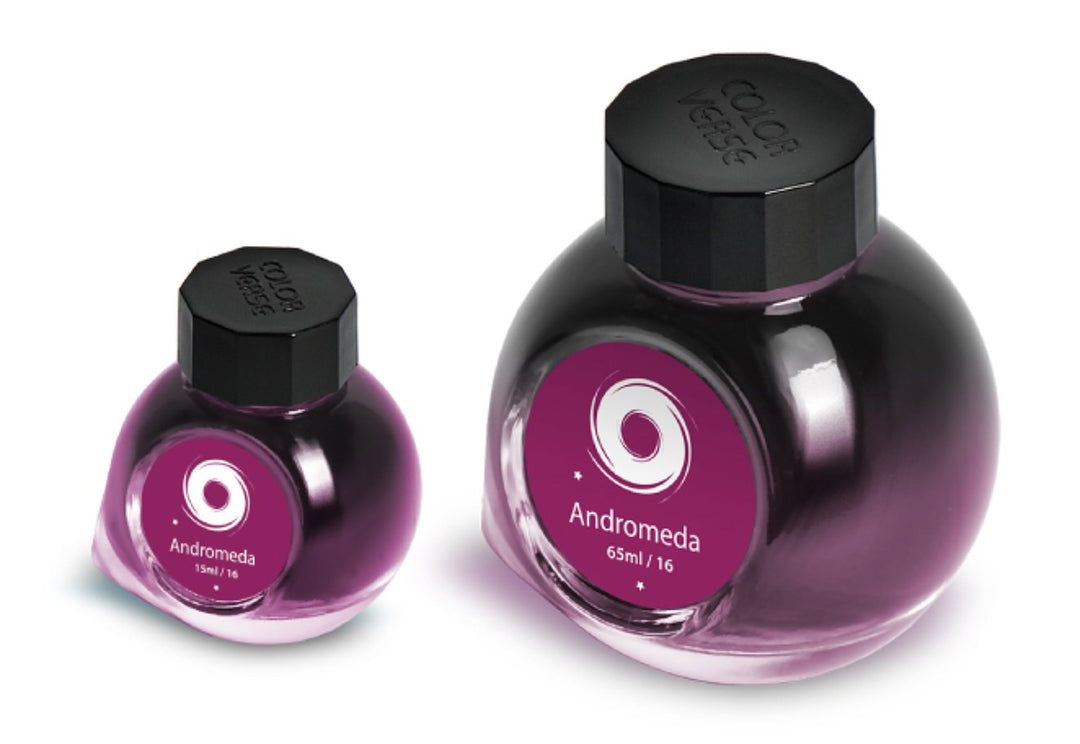 Andromeda - 65ml + 15ml Set: Two Colorverse ink bottles, deep magenta-purple shade, featuring black caps with logo, offering a smooth writing experience.