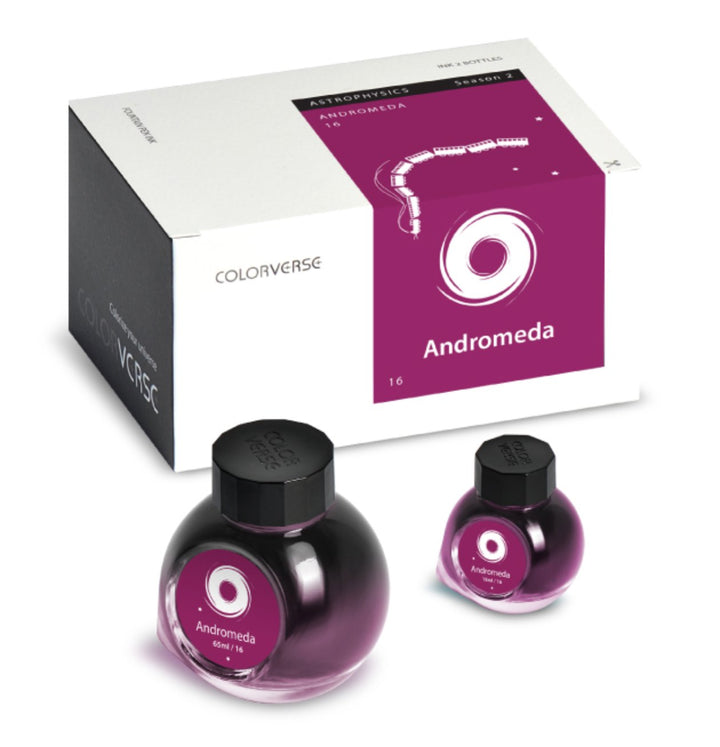 Andromeda - 65ml + 15ml Set: Two glass bottles of vibrant purple ink, with a retail box, brochure, pen rest, stickers, bookmark, and napkin included.