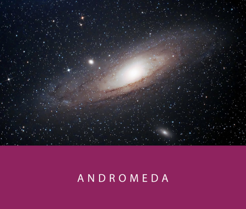 Andromeda - 65ml + 15ml Set featuring the Andromeda Galaxy image, showcasing spiral arms. Includes ink bottles, brochure, pen rest, stickers, bookmark, and napkin.