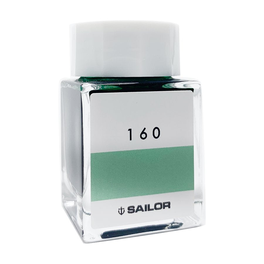 Sailor Ink Studio #160 - 20ml bottle, square glass with white screw cap, features a green-tinted ink label. Part of a 100-color curated collection.