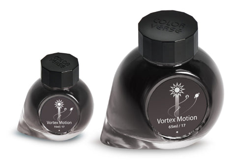 Vortex Motion - 65ml + 15ml Set features two distinctive bulb-and-spiral glass bottles of black fountain-pen ink with black screw-caps from Colorverse's Astrophysics Collection.