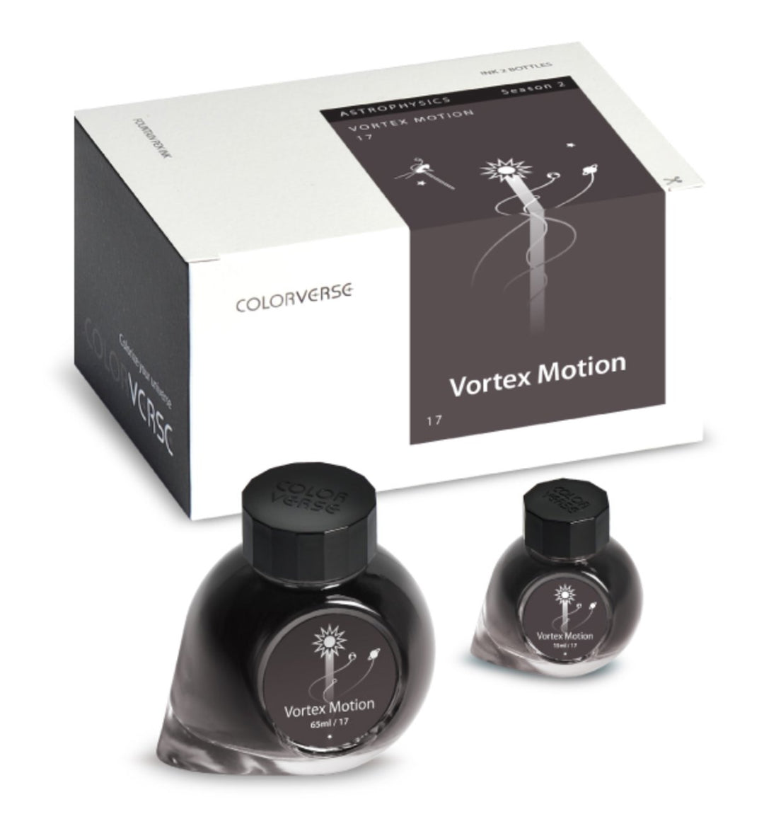 Vortex Motion - 65ml + 15ml Set features a boxed Colorverse fountain-pen ink edition, including two glass bottles and a detailed brochure within the outer sleeve.