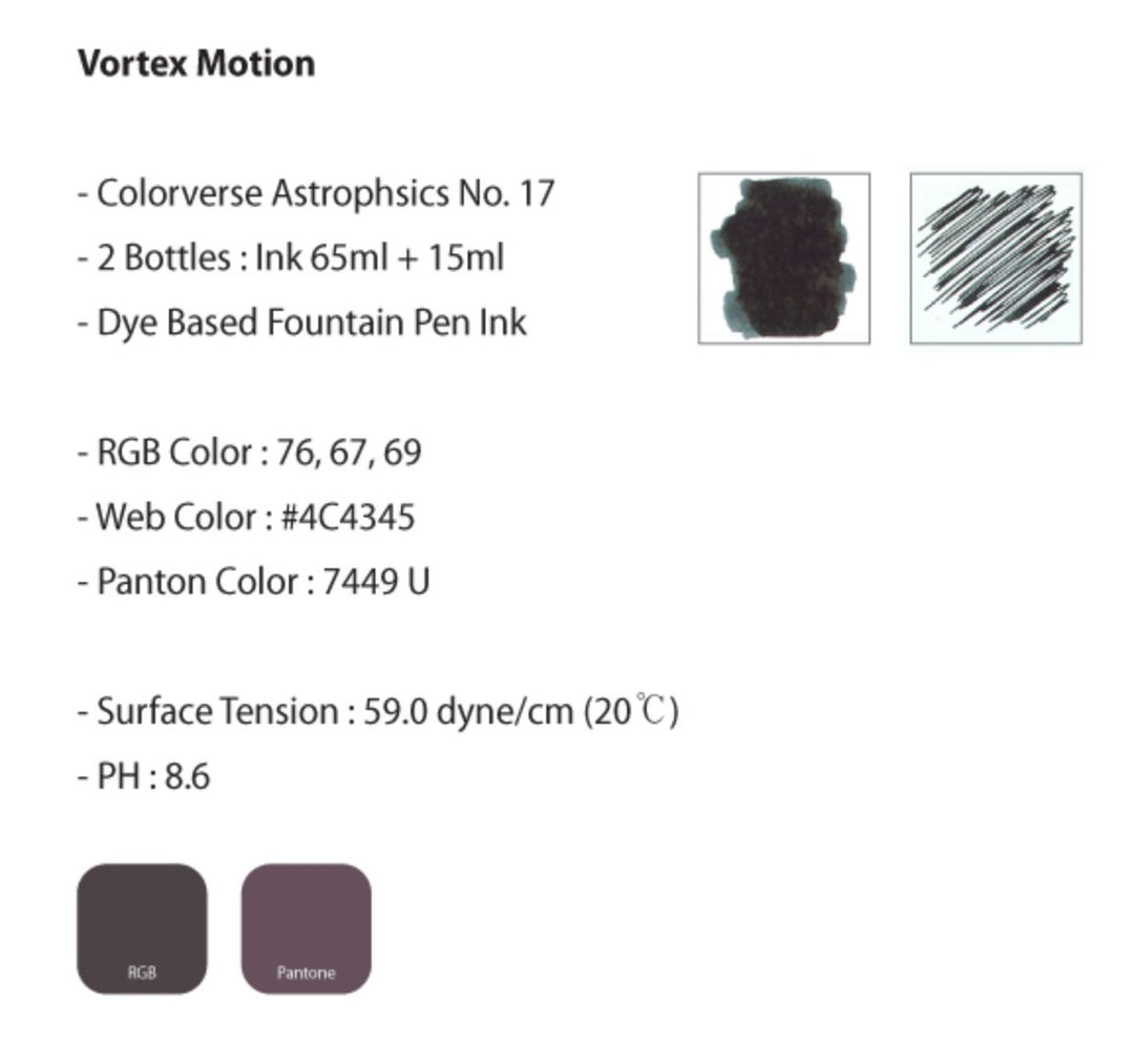 Vortex Motion - 2ml fountain-pen ink, shown with two bottle sizes and ink swatches, part of Colorverse&