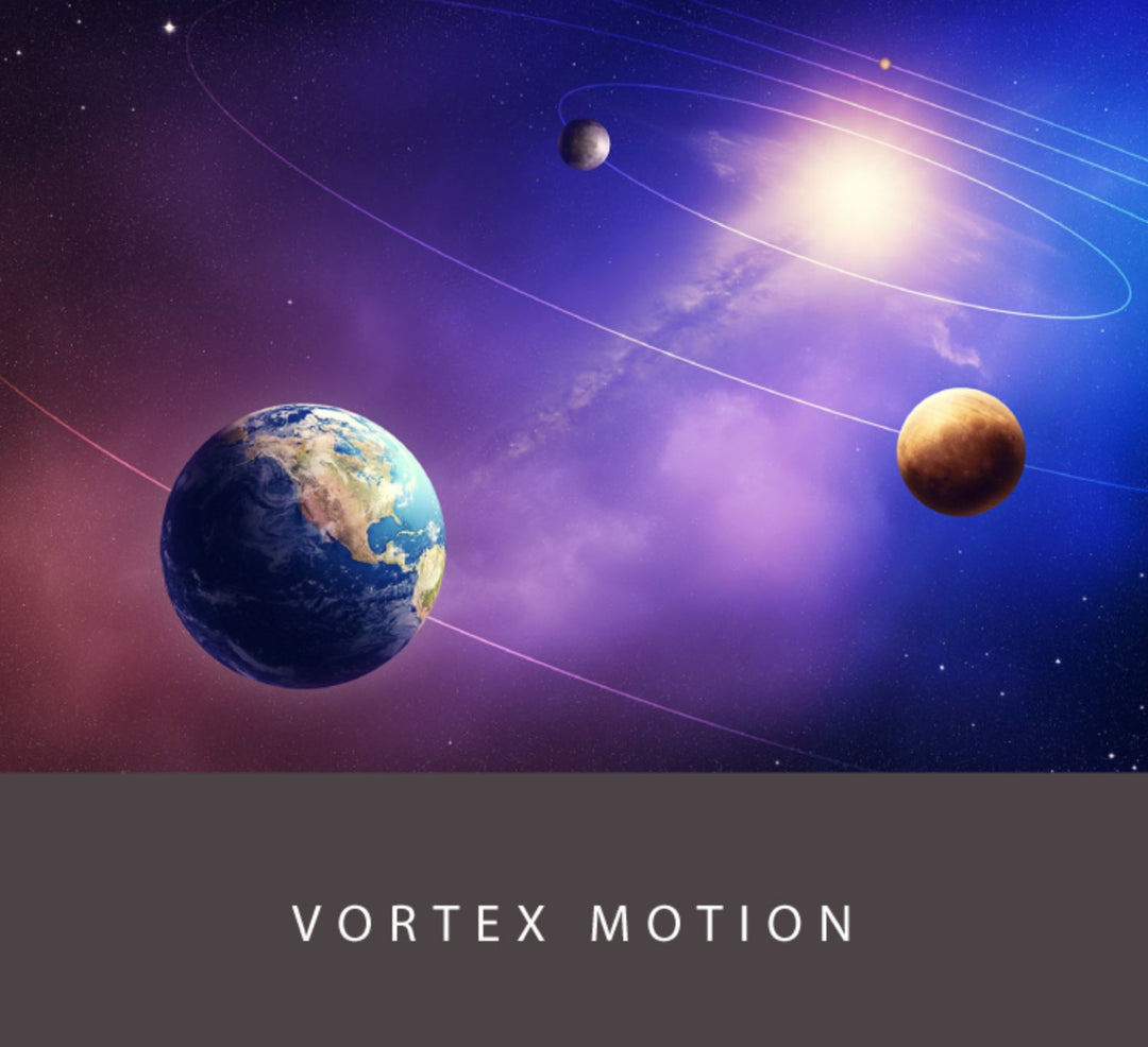 Space-themed graphic featuring Earth, two planets, and a star, with ‘VORTEX MOTION’ branding for Colorverse’s 2ml plant-based ink sample from the Astrophysics Collection.