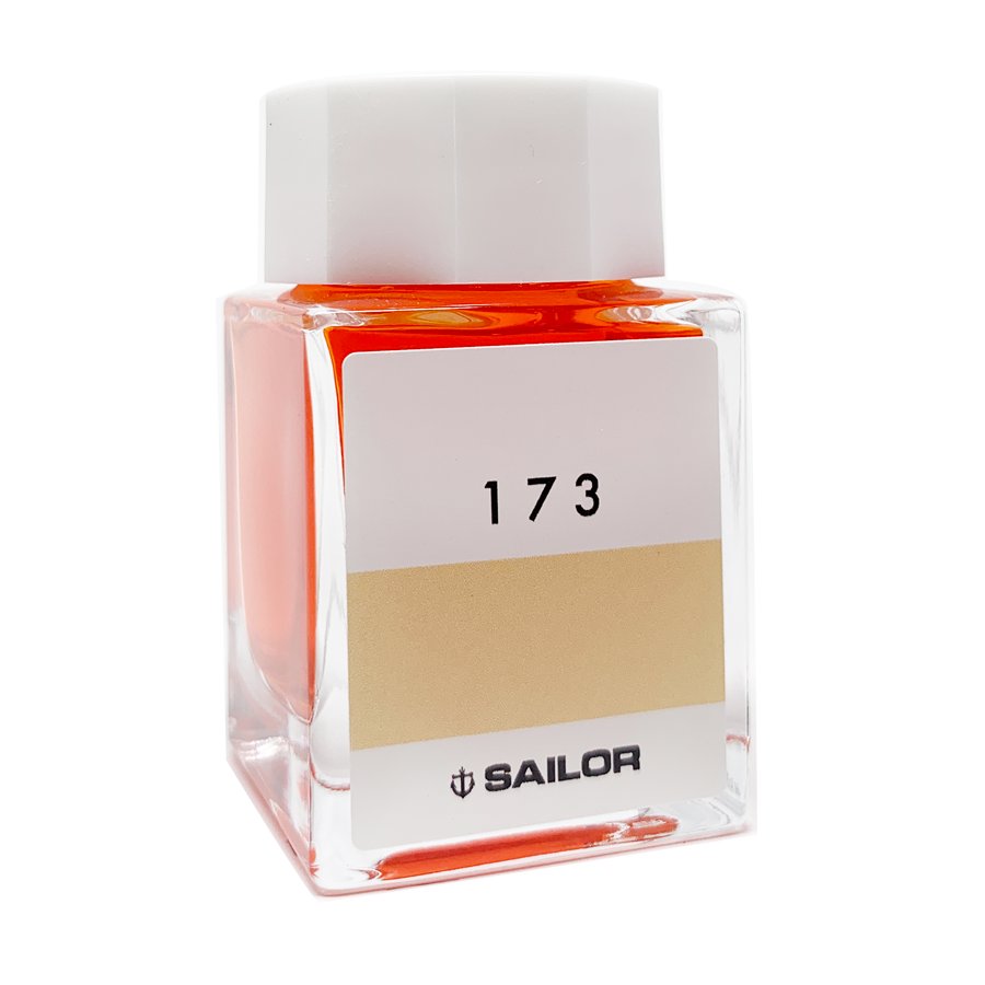 Sailor Ink Studio #173 - 20ml bottle, showcasing bright orange-red dye-based ink, in Sailor's signature square glass design from their curated 100-color series.