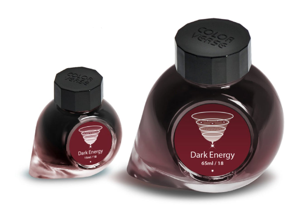 Dark Energy - 65ml + 15ml Set: Two uniquely shaped glass bottles with black octagonal caps, featuring a spiral graphic and volume details.