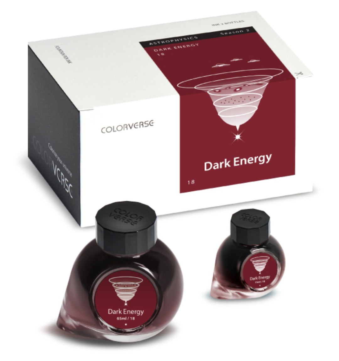 Colorverse Dark Energy boxed set, featuring 65ml and 15ml glass bottles of deep burgundy-red fountain-pen ink, part of the Astrophysics Season 2 collection.