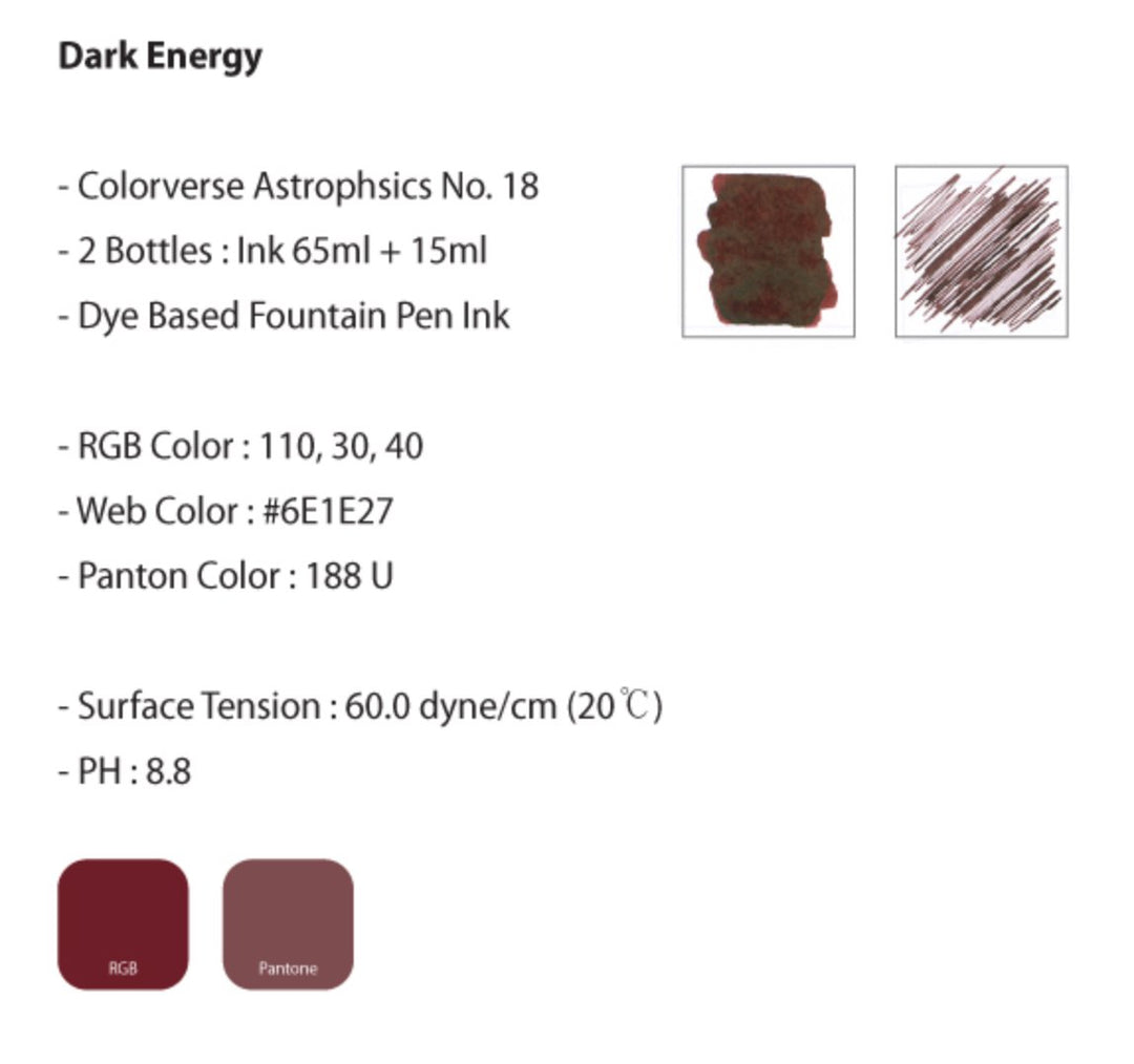 Dark Energy - 65ml + 15ml Set from Colorverse, featuring dye-based ink with dual bottle packaging and detailed product specifications on a spec-sheet.