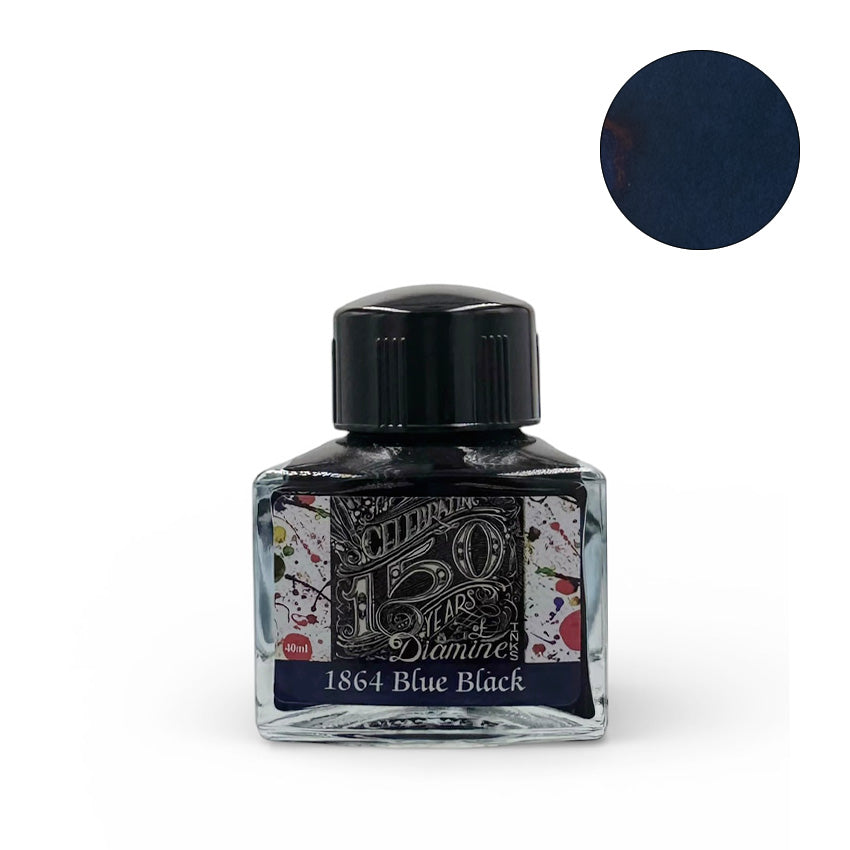 Diamine 1864 Blue Black (150th Anniversary) fountain pen ink, 40ml triangular bottle, showcasing dark blue-black shade, ideal for vintage pens, acid-free and vegan-friendly.