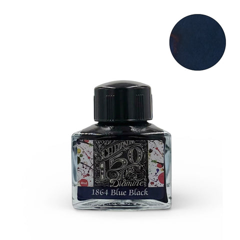 Diamine 1864 Blue Black (150th Anniversary) fountain pen ink, 40ml triangular bottle, showcasing dark blue-black shade, ideal for vintage pens, acid-free and vegan-friendly.