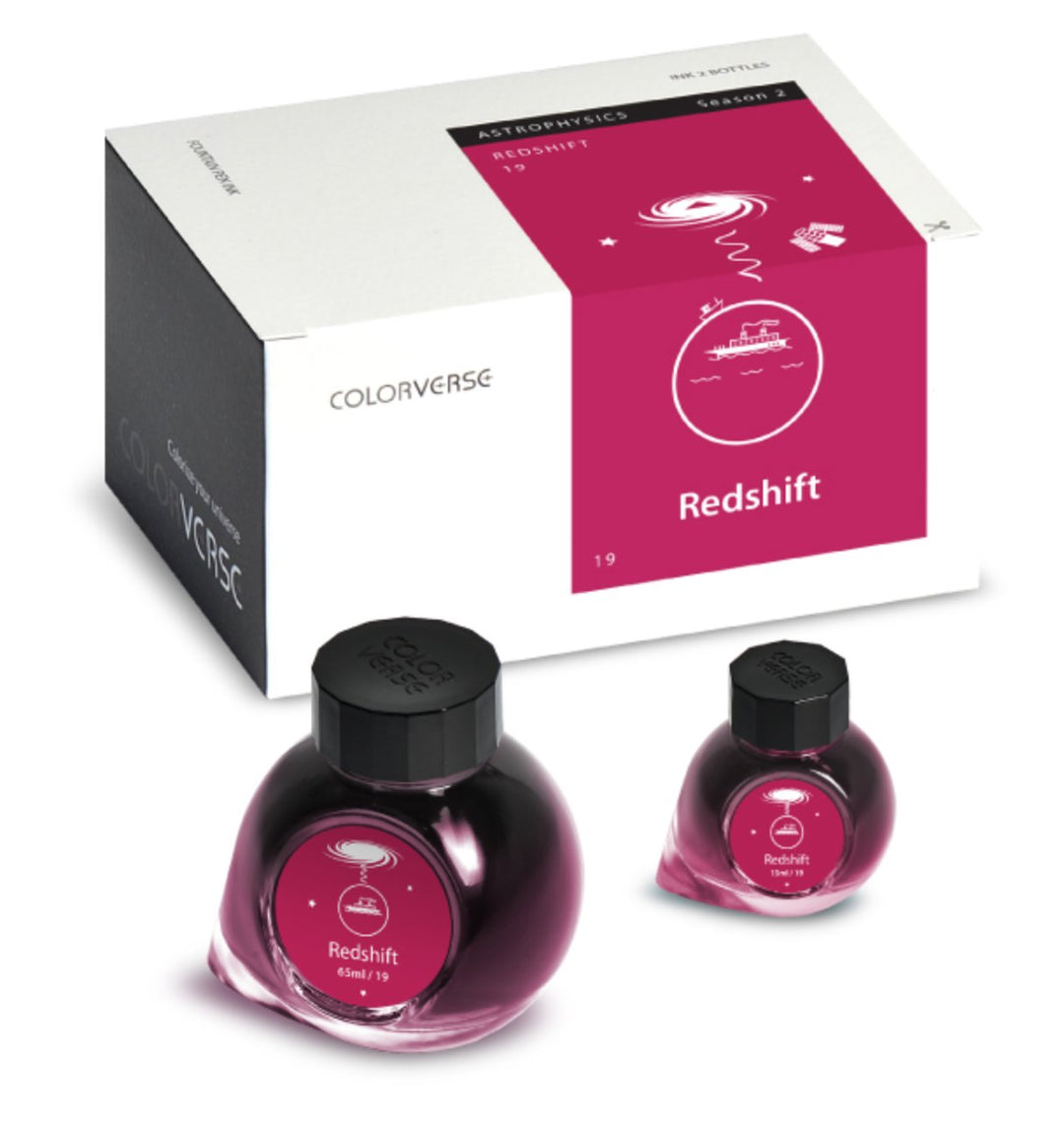 Redshift - 65ml + 15ml Set featuring two ink bottles and astrophysics-themed packaging from Colorverse’s Universe Seasonal 2 line, includes brochure, pen rest, stickers, bookmark, napkin.