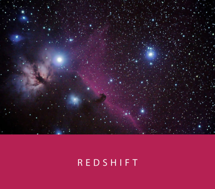 Redshift - 65ml + 15ml Set against a starry field with Horsehead Nebula, featuring Colorverse's Astrophysics Collection ink and included accessories.