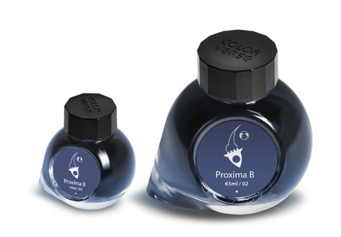 Proxima B - 65ml + 15ml Set features two glass ink bottles with slanted bases and black faceted caps from ColorVerse's Spaceward Collection.