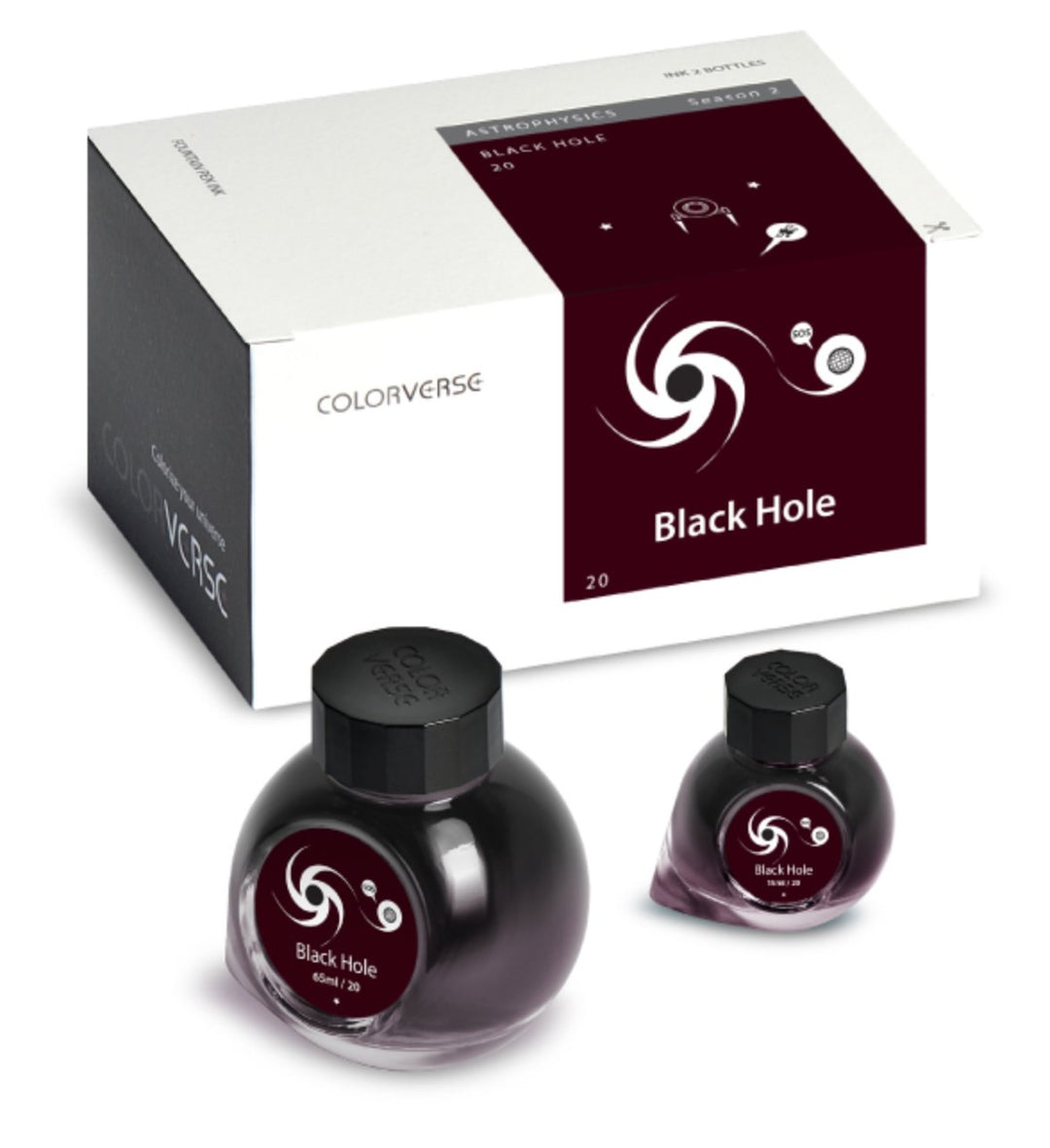 Black Hole - 65ml + 15ml Set: Colorverse boxed ink set with two bottles, featuring a swirling galaxy motif, in front of the outer box.