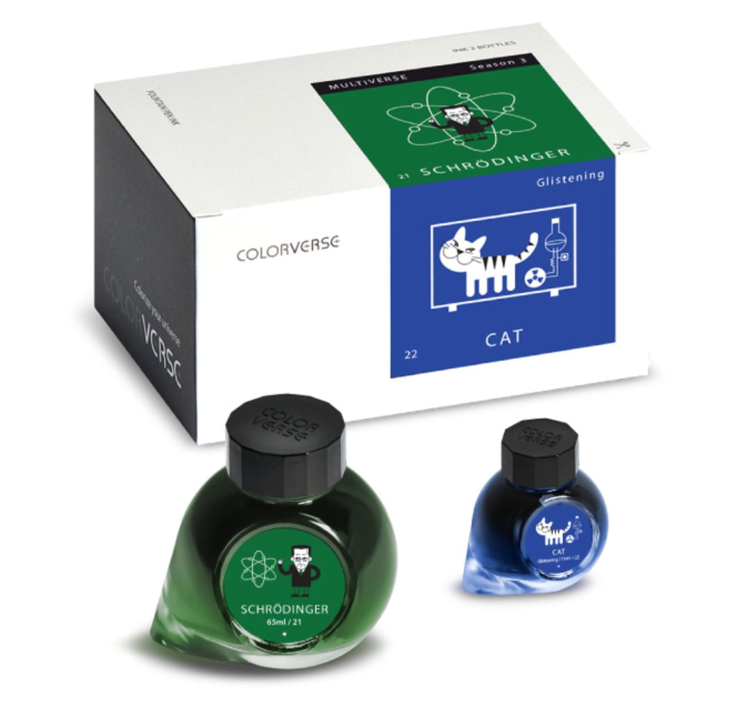 Schrodinger &amp; Cat - 65ml + 15ml Set: Boxed Colorverse ink duo with a green Schrödinger and blue Cat bottles, featuring cartoon and chemistry-themed labels.