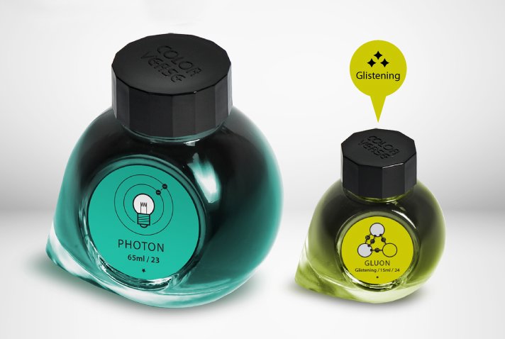 Photon & Gluon - 65ml + 15ml Set features teal and chartreuse glass ink bottles with black caps, showcasing Colorverse's science-inspired design and plant-based ink.