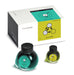 Colorverse Photon & Gluon - 65ml + 15ml Set: Includes teal-blue and glistening chartreuse ink bottles, themed box, brochure, pen rest, stickers, bookmark, and napkin.