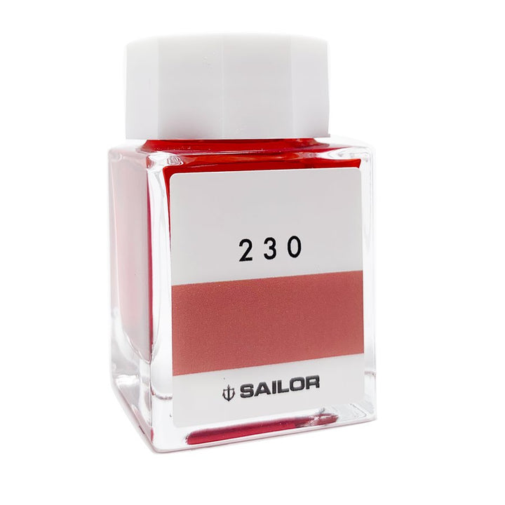 Square glass bottle of Sailor Ink Studio #230, featuring a white cap and label with Sailor logo. Contains 2ml of dye-based fountain-pen ink.