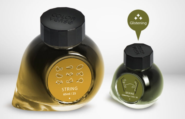 String &amp; Brane - 65ml + 15ml Set; two Colorverse ink bottles, larger yellow-gold STRING and smaller glistening olive-green BRANE, both with faceted black caps.