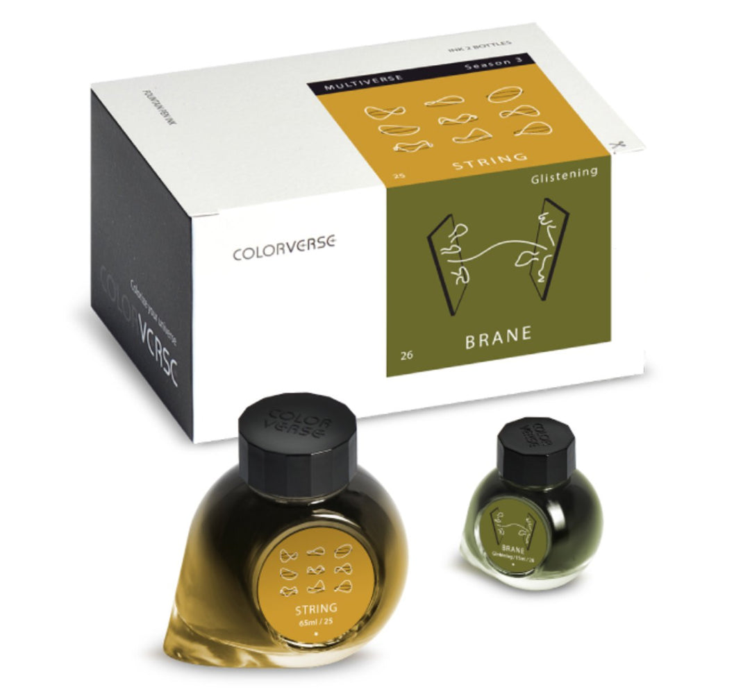 String &amp; Brane - 65ml + 15ml Set: Boxed Colorverse ink set with two bottles and branded packaging, featuring mustard-yellow and olive-green tones.