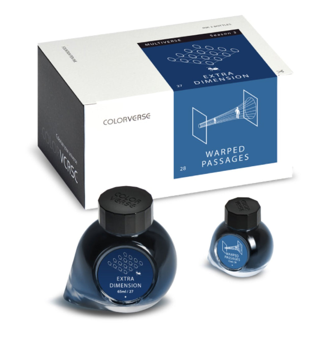 Extra Dimension &amp; Warped Passages - 65ml + 15ml Set in a white-blue box with brochure, pen rest, stickers, bookmark, and napkin included.