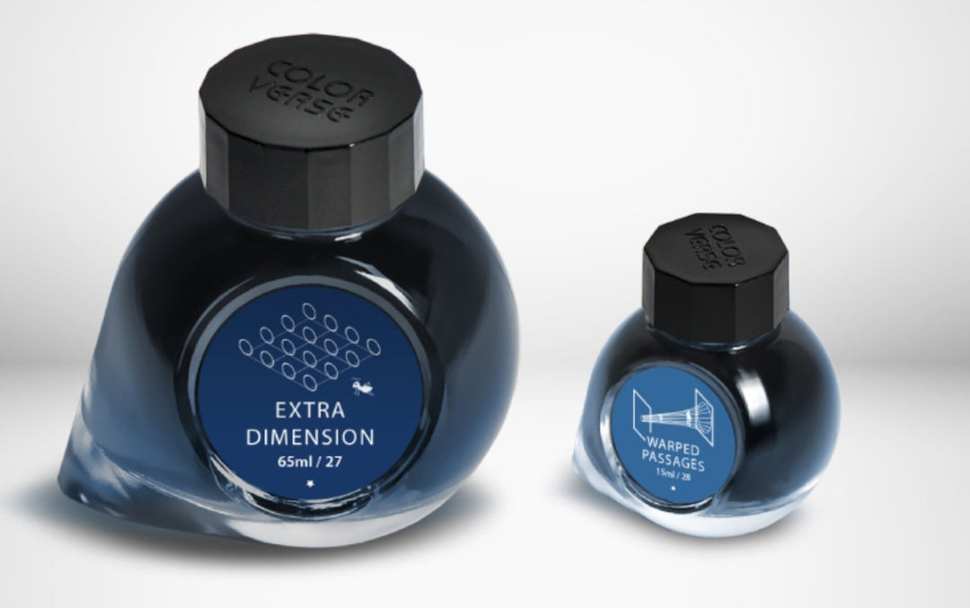 Two glass bottles of Colorverse ink, Extra Dimension 65ml and Warped Passages 15ml, with distinctive swirled bodies and black octagonal caps.