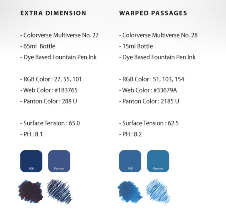 Extra Dimension & Warped Passages - 65ml + 15ml Set includes two ink bottles, color swatches, ink samples, and a brochure within the packaging.