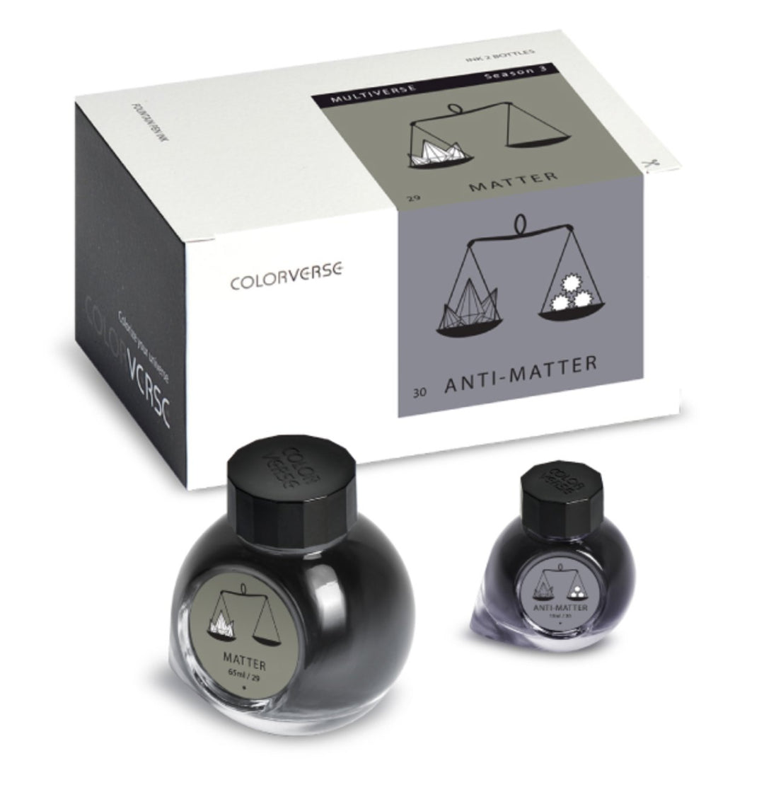 Matter &amp; Anti-Matter - 65ml + 15ml Set featuring two glass ink bottles in a Colorverse Multiverse Season 3 box with additional accessories.