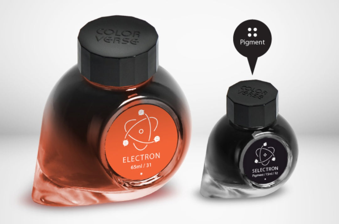 Electron &amp; Selectron - 65ml + 15ml Set: Two COLORVERSE art-ink bottles; larger orange-red Electron (65ml), smaller black Selectron (15ml). Both feature octagonal caps with logo.