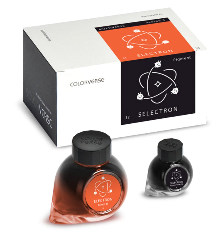 Colorverse Electron & Selectron - 65ml + 15ml Set includes bright orange and dark pigment inks in a branded box with atomic-orbit artwork.