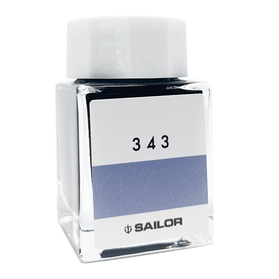 Sailor Ink Studio #343 - 20ml glass bottle with anchor logo, showcasing a bluish-gray ink swatch on the label, compact and elegantly designed.