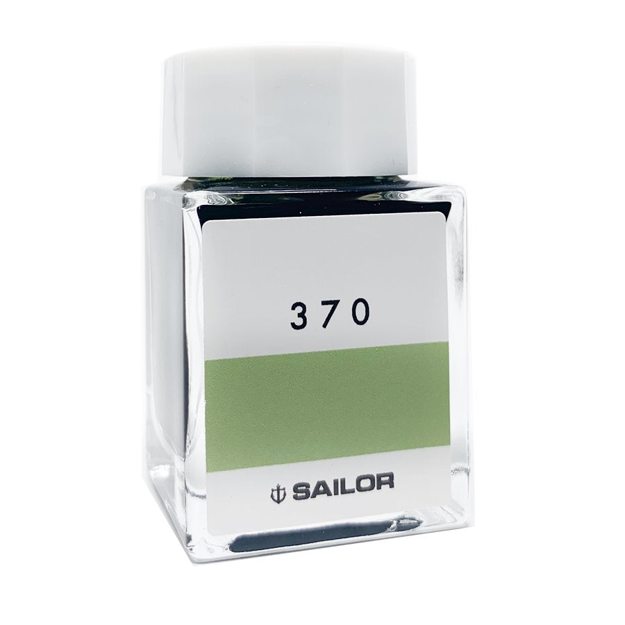Ink Studio #370 - 20ml: A square glass bottle of Sailor fountain-pen ink with a pale green swatch and a white screw-on cap.