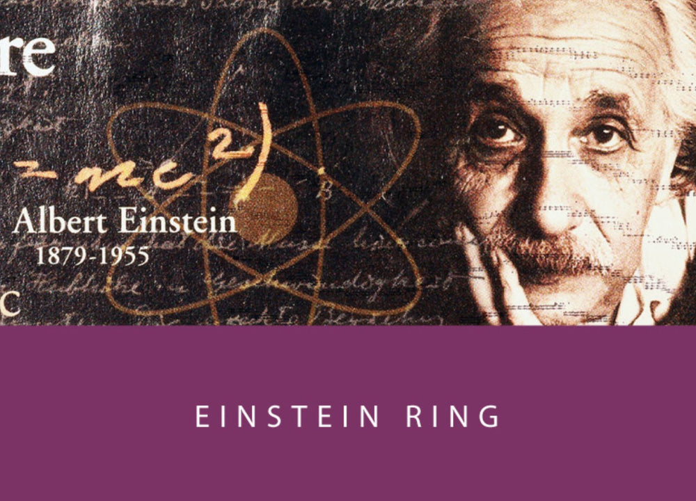 Einstein Ring - 65ml + 15ml Set featuring an Einstein portrait, E=mc² formula, atomic model, promoting Colorverse's plant-based ink from the Spaceward Collection.