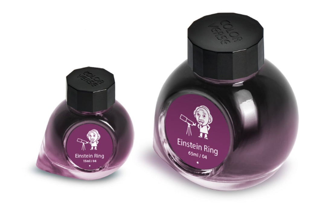 Einstein Ring - 65ml + 15ml Set with two glass bottles, black caps, and purple labels featuring cartoon Einstein and telescope. Includes ink and extras.