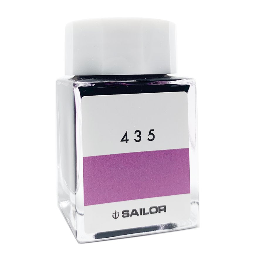 Sailor Ink Studio #435 - 20ml: Square glass bottle with white cap and label, showcasing Sailor's curated purple fountain-pen ink from their expansive 100-color collection.