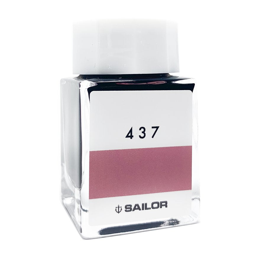 Ink Studio #437 - 20ml: Square glass bottle of Sailor fountain-pen ink with a white cap, featuring a muted rose-pink label and Sailor logo.