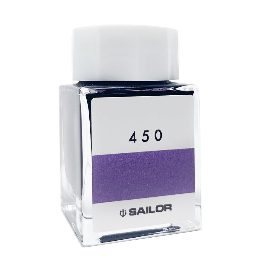 Sailor Ink Studio #450 - 20ml in a square glass bottle with a white cap and purple-band label, showcasing premium fountain-pen ink craftsmanship.