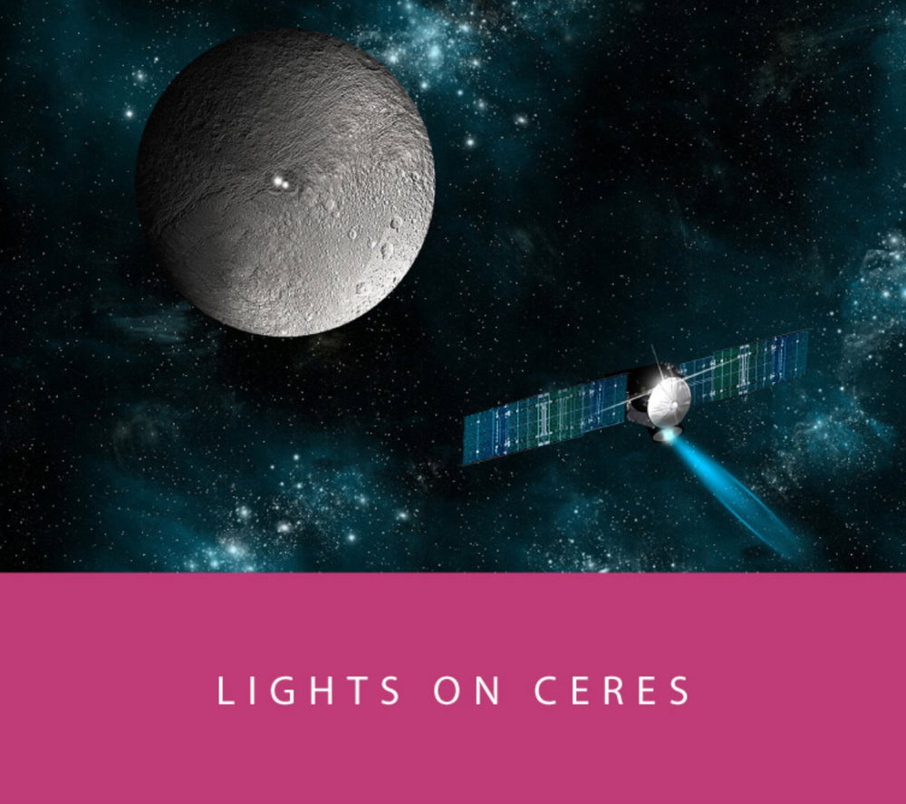 Lights On Ceres - 65ml + 15ml Set featuring NASA Dawn probe art with Ceres, showcasing reflective salts, ion-engine glow, and magenta “LIGHTS ON CERES” banner.