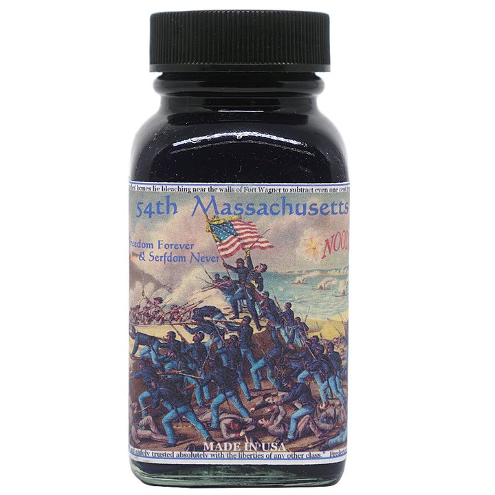 Small glass bottle of Noodler's 54th Massachusetts ink, featuring a Civil War scene label with Union soldiers planting a U.S. flag; 2ml, fade and UV resistant.