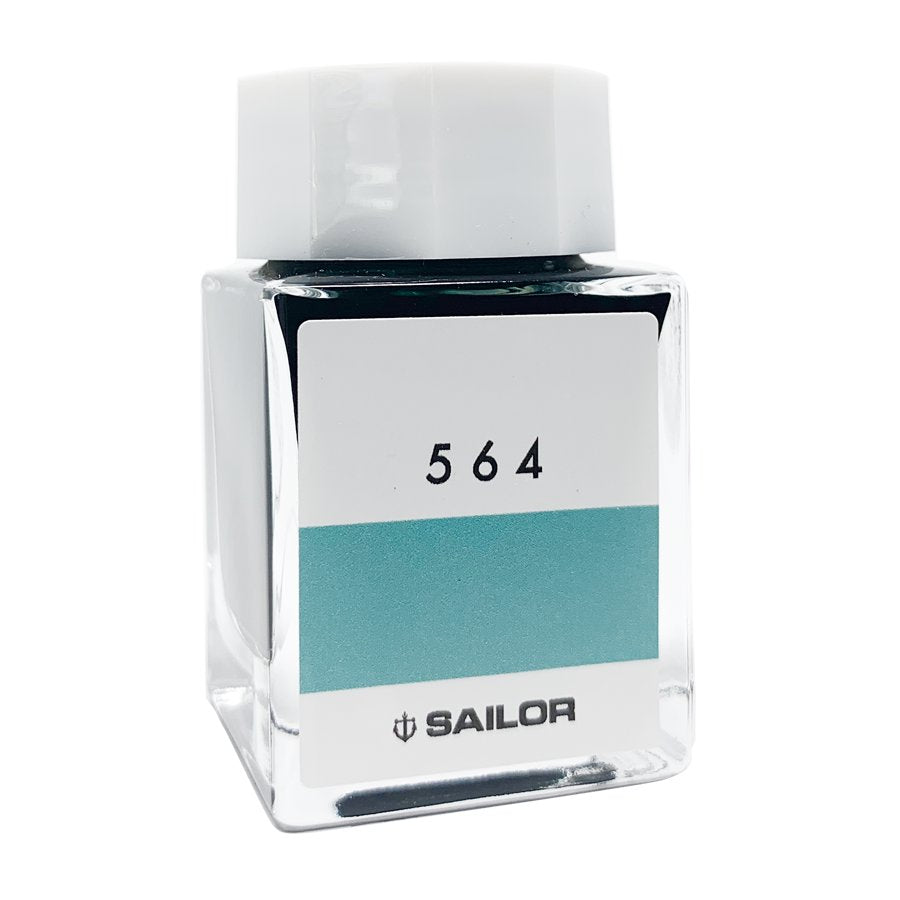 Ink Studio #564 - 20ml: Square glass bottle with a white cap, featuring a teal swatch, from Sailor's 100 curated fountain-pen ink colors.