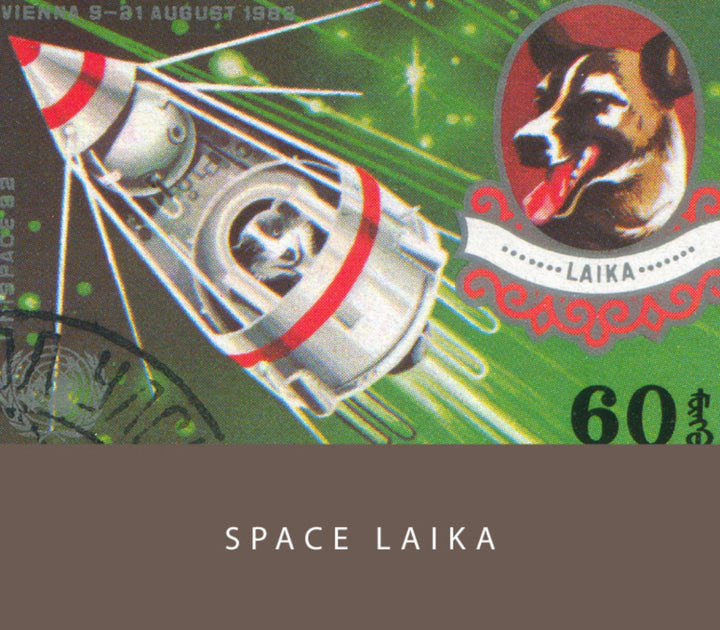 Space Laika - 2ml ink sample featuring Laika in Sputnik 2 against a starry backdrop, celebrating the 1982 Vienna exhibition.