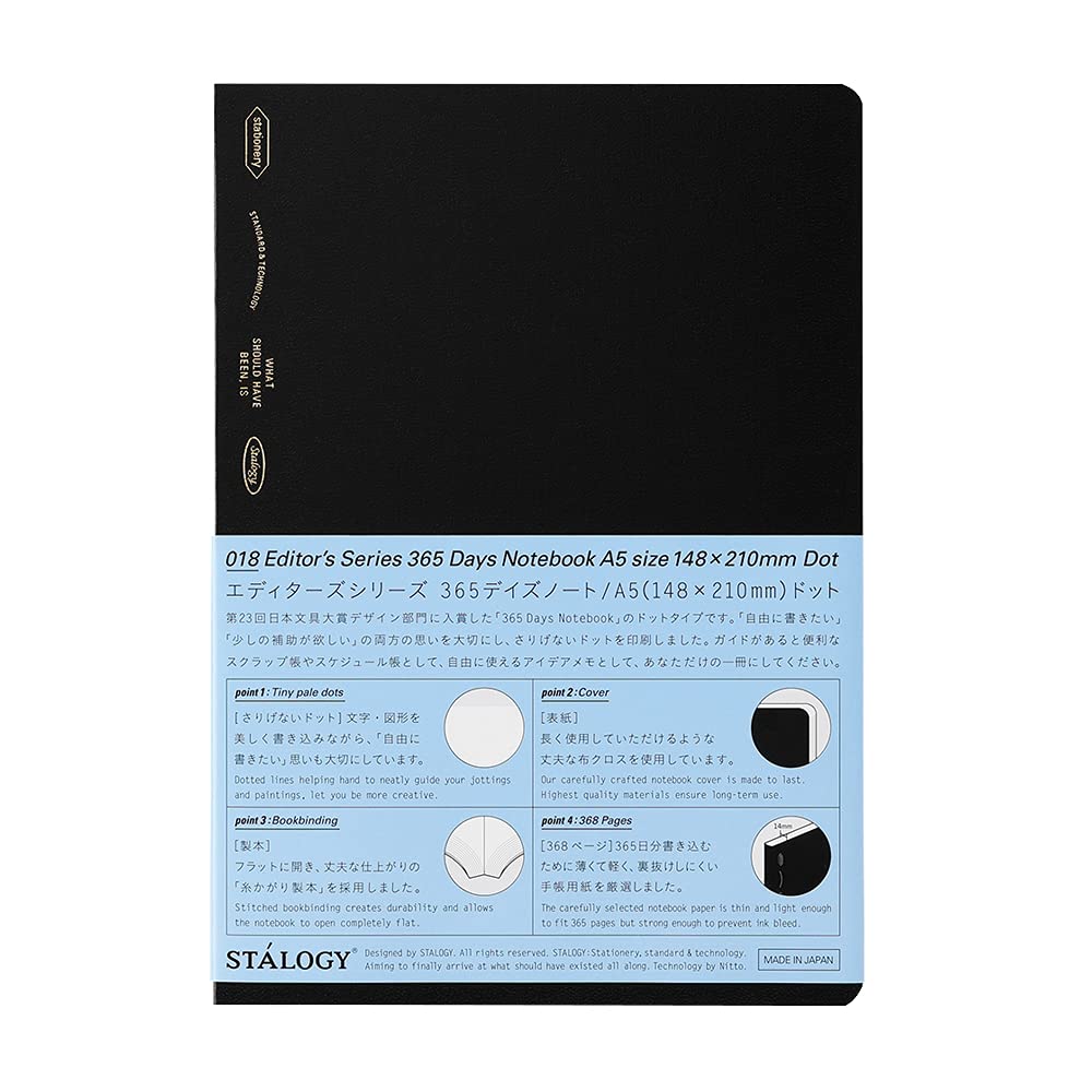 STALOGY 018 Editor’s Series 365 Days Dotgrid Notebook (A5, Black) with 368 pages, dot grid, and flat-lay design, ideal for fountain pen friendly writing.