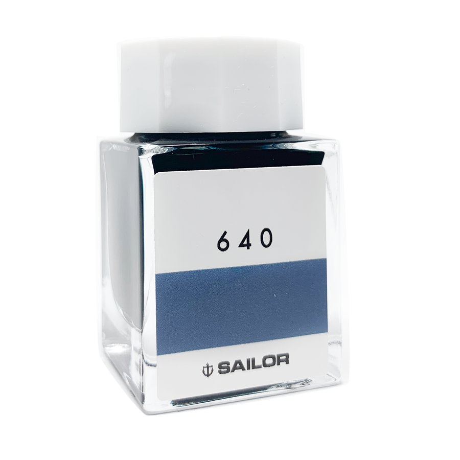 Ink Studio #640 - 20ml: A square glass bottle with a white cap and blue label, showcasing Sailor's curated fountain-pen ink collection.